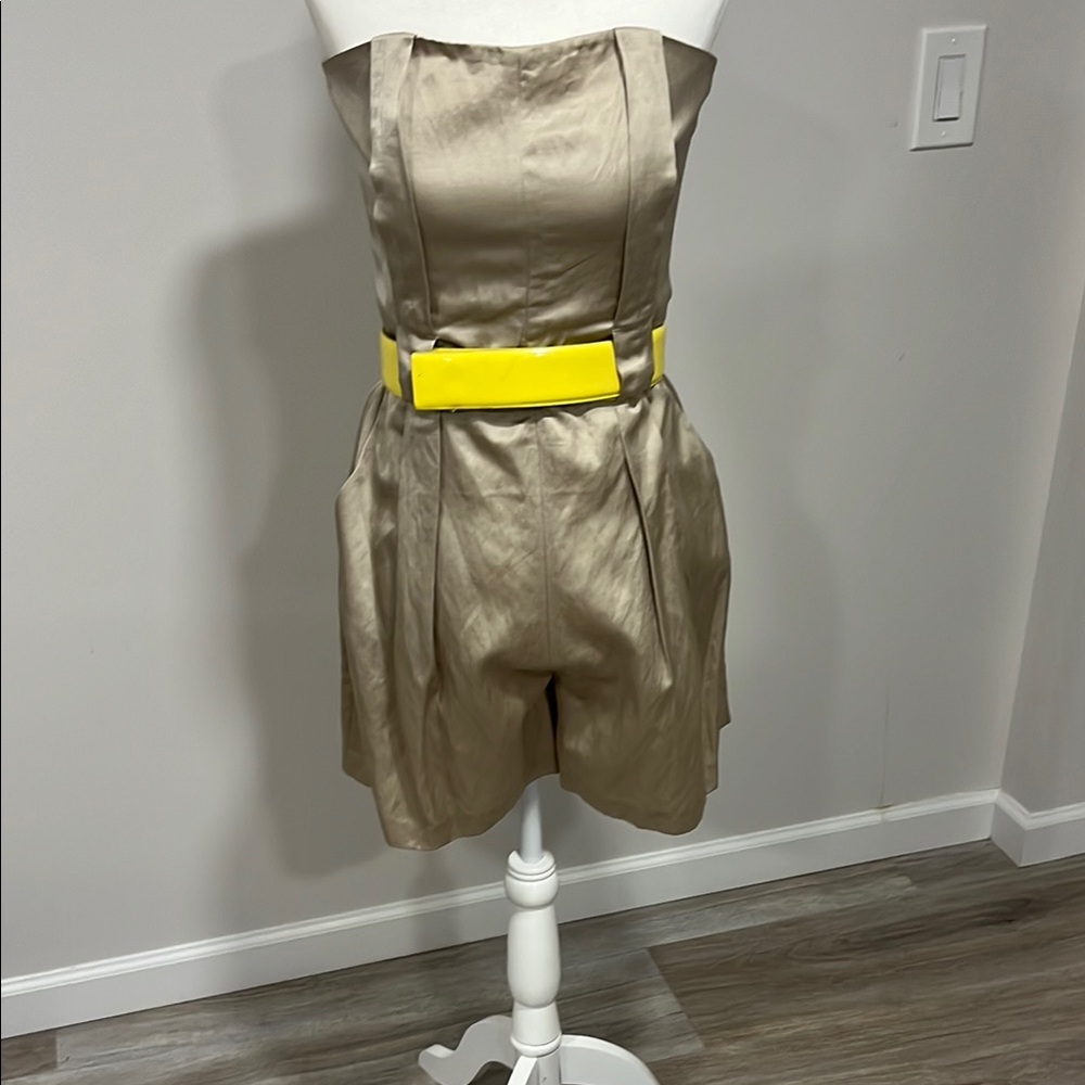 Club Monaco Ingrid strapless romper with pockets and detachable yellow belt